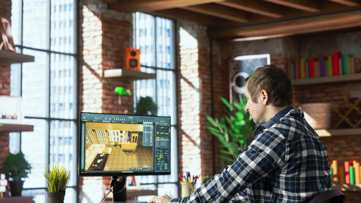 Workstation montada como PC para Blender, com placa de vídeo dedicada visível e cena 3D em renderização no monitor