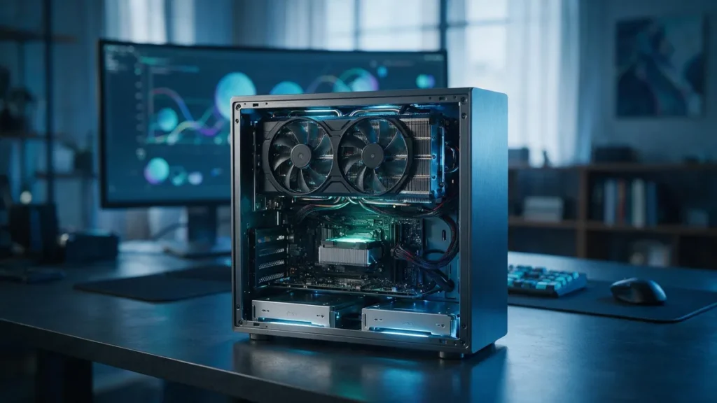 Workstation aberta com placa de vídeo dedicada usada como GPU para data science, com monitor exibindo análise de dados ao fundo