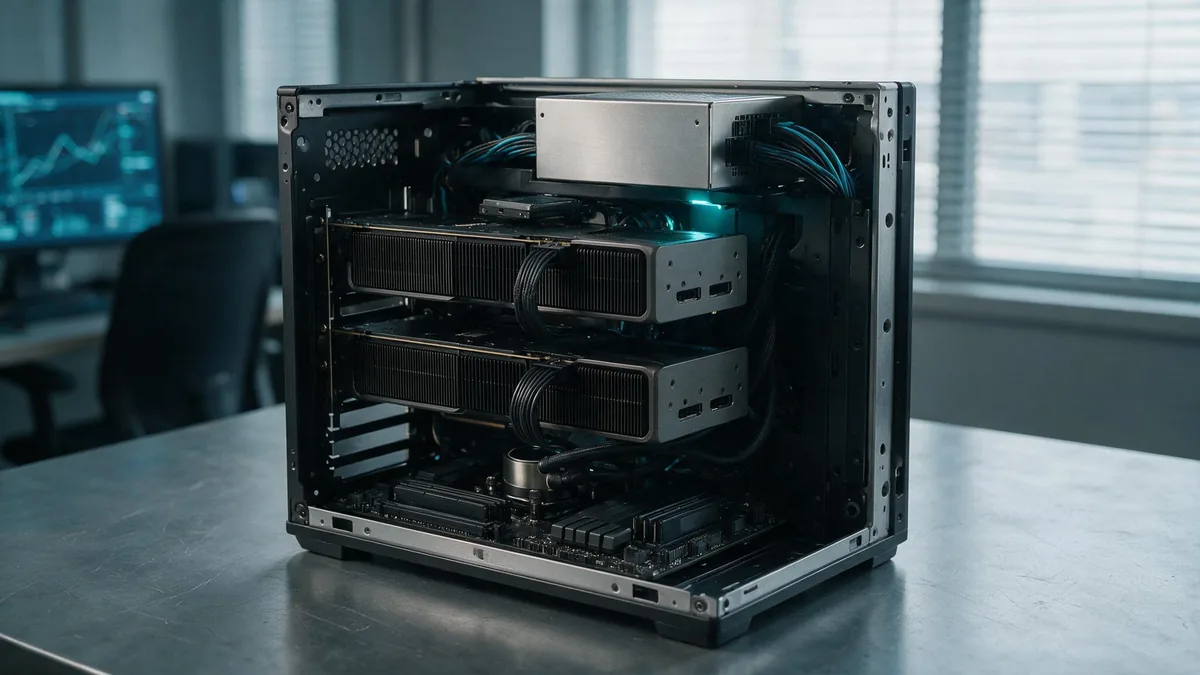 Workstation aberta com duas placas de vídeo instaladas para inferência de IA em produção