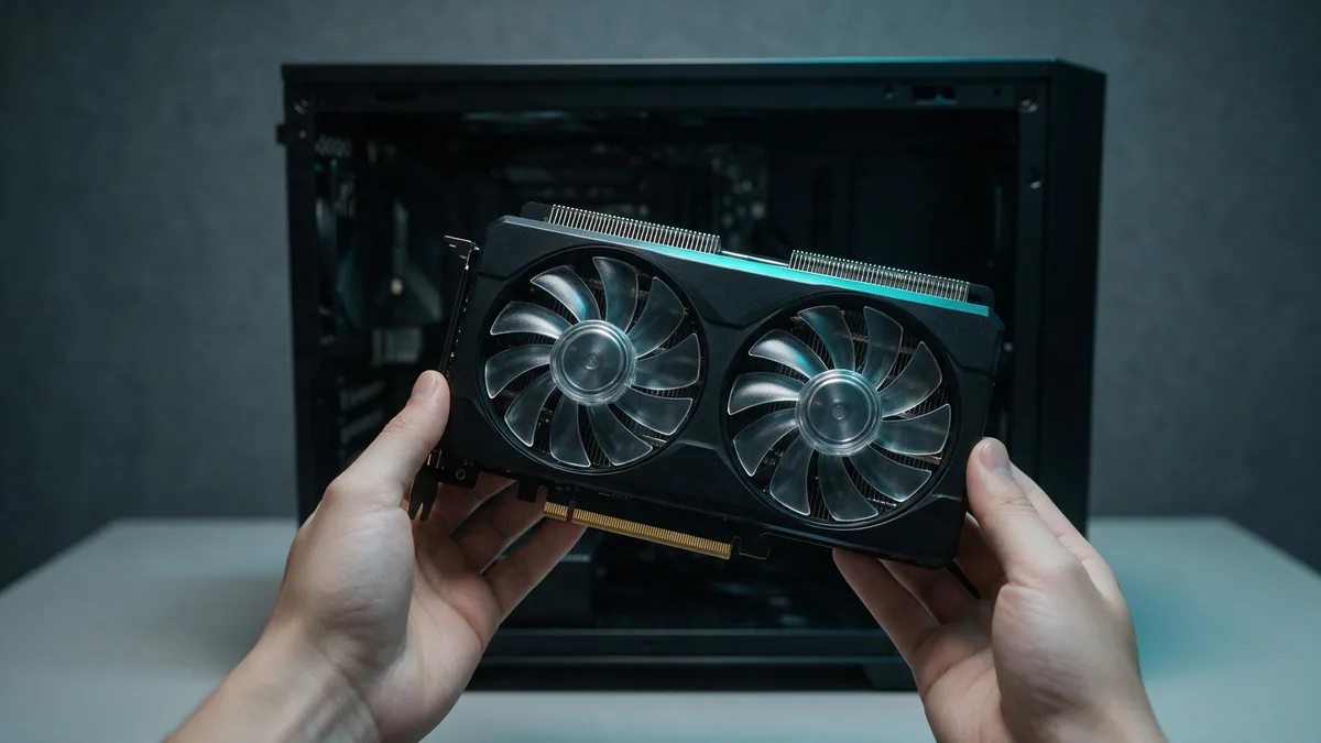 Mãos instalando uma placa de vídeo para workstation em um gabinete desktop aberto sobre a bancada