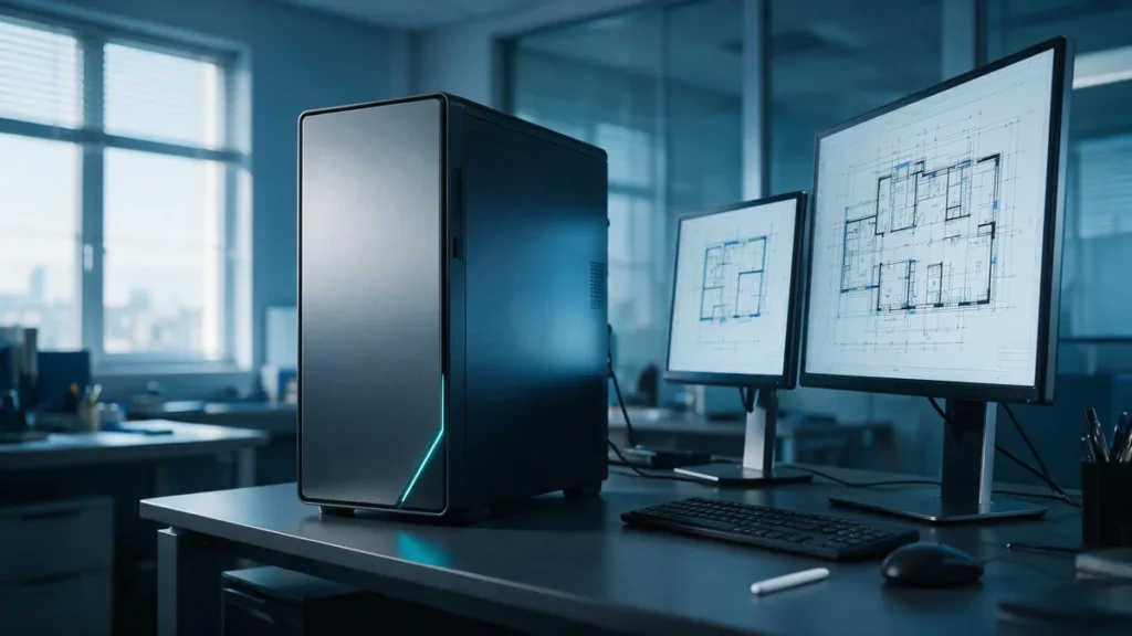 Workstation desktop em escritório técnico com planta em CAD na tela, ilustrando os requisitos AutoCAD 2026