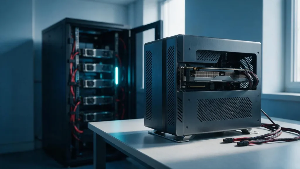 Workstation profissional em primeiro plano e rack de servidor ao fundo ilustrando a escolha de servidor para machine learning
