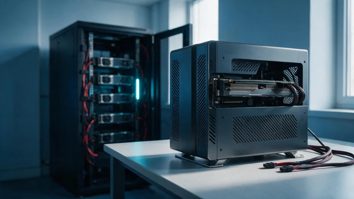 Workstation profissional em primeiro plano e rack de servidor ao fundo ilustrando a escolha de servidor para machine learning