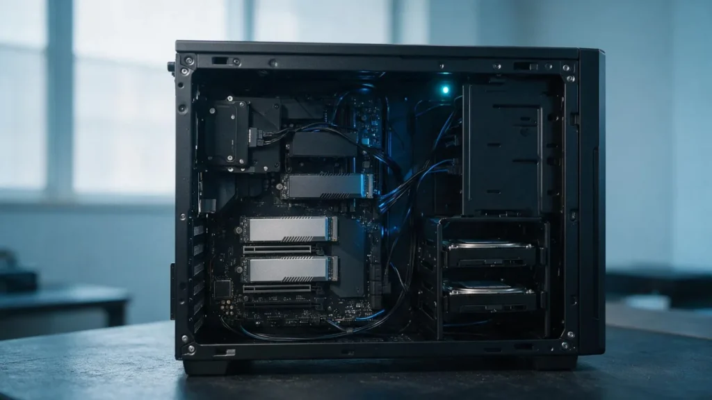 Tipos de armazenamento para workstation lado a lado dentro de um gabinete: unidades NVMe M.2, SSD SATA e discos rígidos de 3,5 polegadas