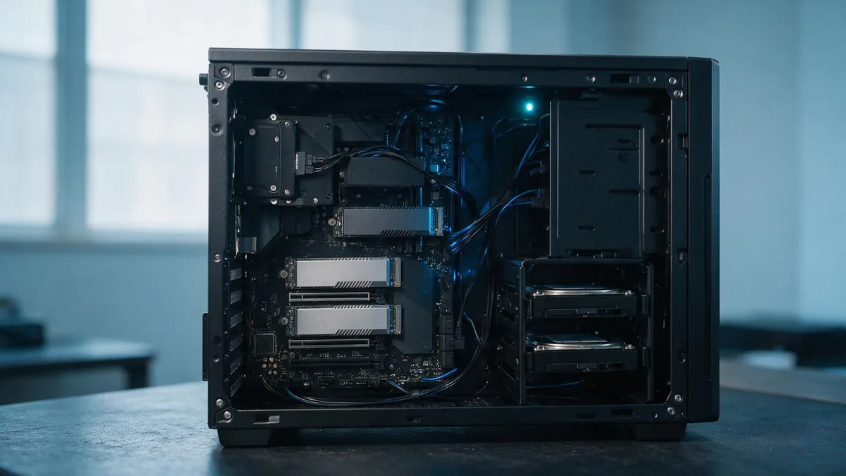 Tipos de armazenamento para workstation lado a lado dentro de um gabinete: unidades NVMe M.2, SSD SATA e discos rígidos de 3,5 polegadas