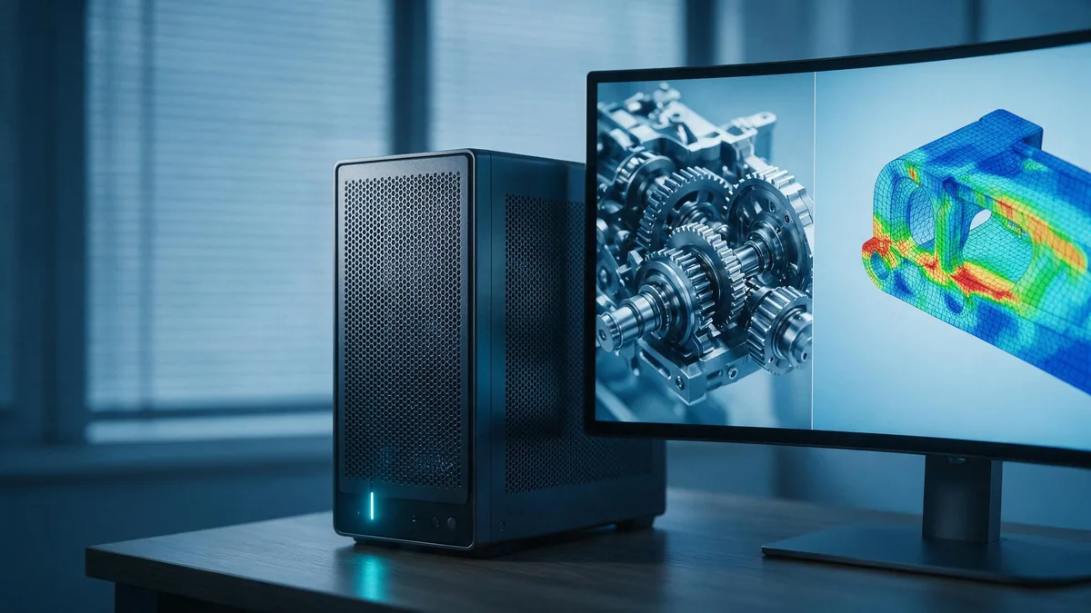 Workstation para engenharia sobre a mesa de um engenheiro, com montagem CAD e malha de elementos finitos na tela