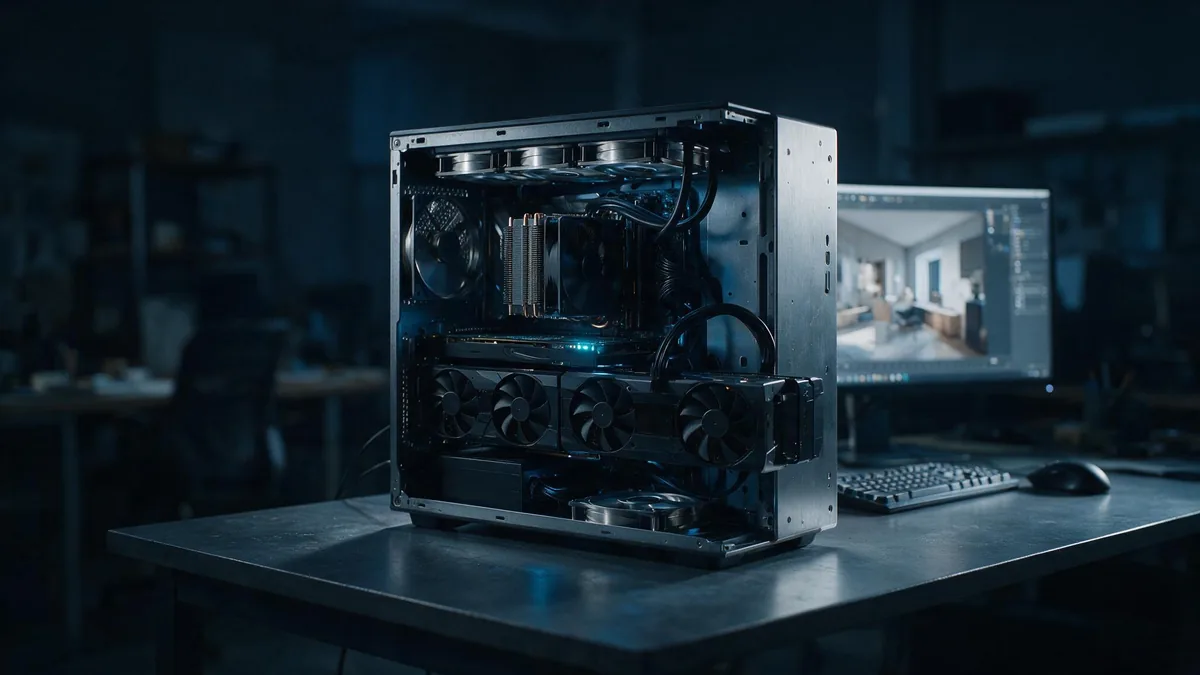 Workstation para renderização aberta, com duas placas de vídeo e refrigeração de alto porte, em estúdio de arquitetura