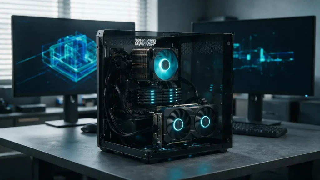 Workstation profissional com gabinete aberto ao lado de monitores exibindo modelo 3D e monitor de recursos do sistema