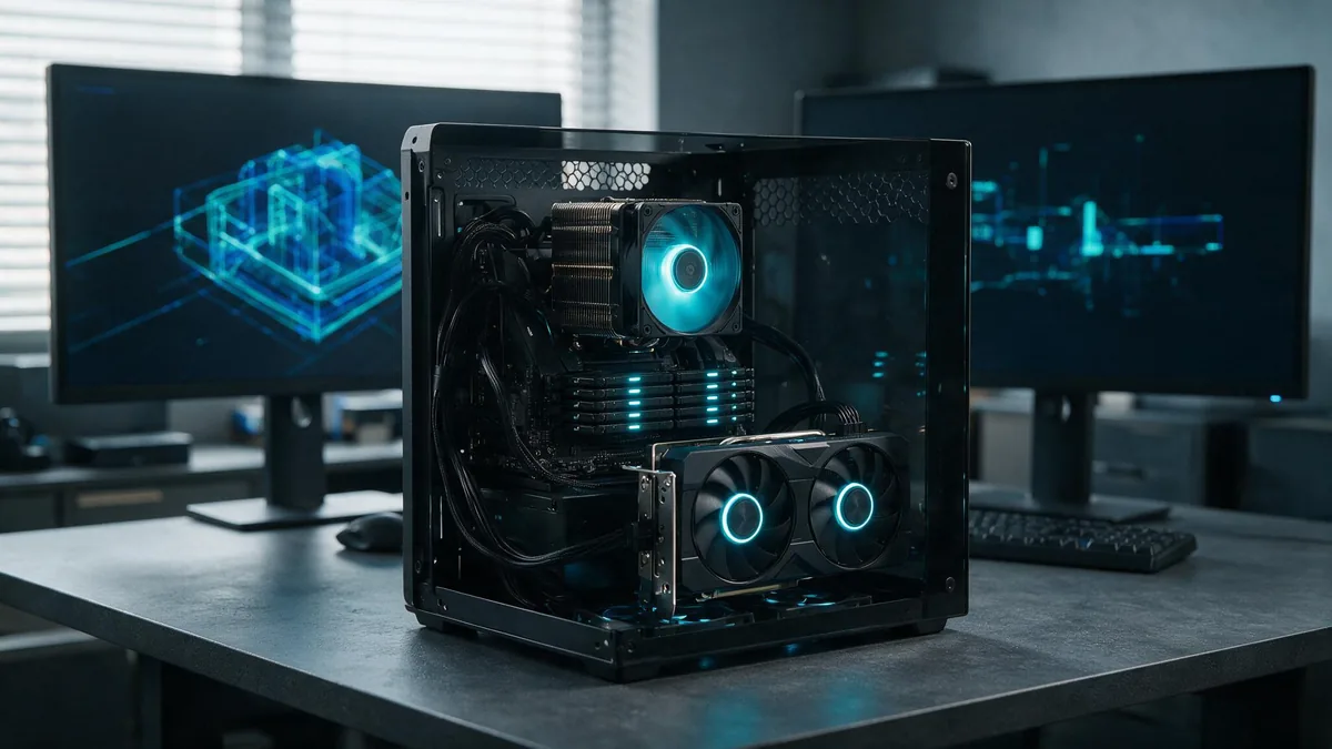 Workstation profissional com gabinete aberto ao lado de monitores exibindo modelo 3D e monitor de recursos do sistema