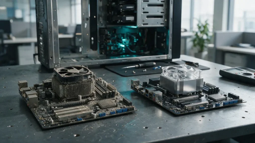 Comparação entre placa-mãe de workstation recondicionada e placa-mãe nova sobre bancada de oficina técnica