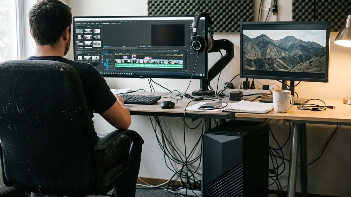 Editor de vídeo trabalhando em uma timeline no monitor principal, com segunda tela de referência e a workstation sob a mesa