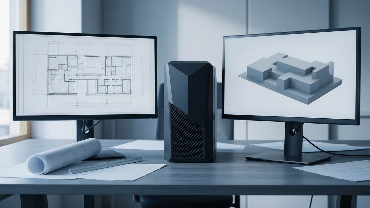 Dois monitores para arquitetura exibindo planta baixa e modelo 3D ao lado da workstation sobre a mesa