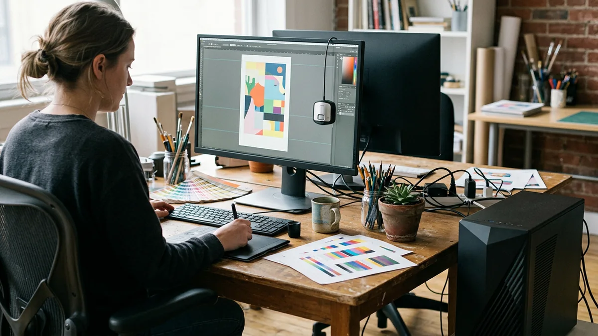 Designer trabalhando em um layout no monitor com colorímetro na tela, leque de cores e provas impressas sobre a mesa