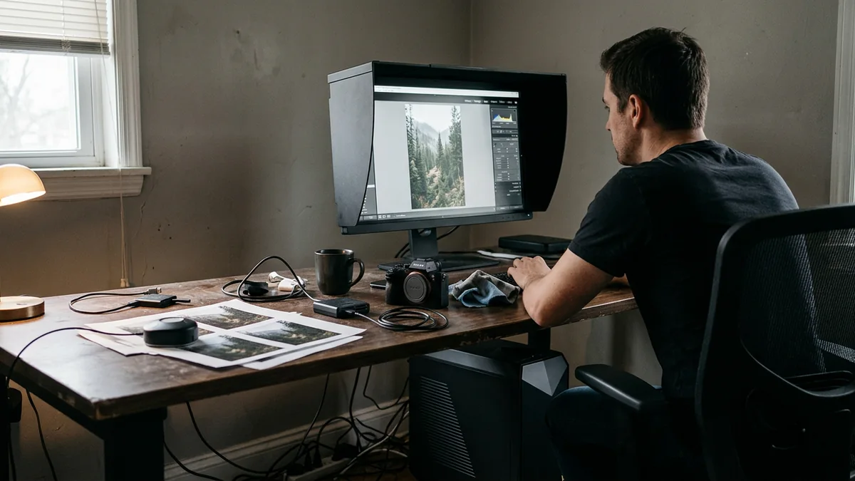 Fotógrafo editando uma imagem em monitor com para-sol, ao lado da câmera, das provas impressas e da workstation sob a mesa