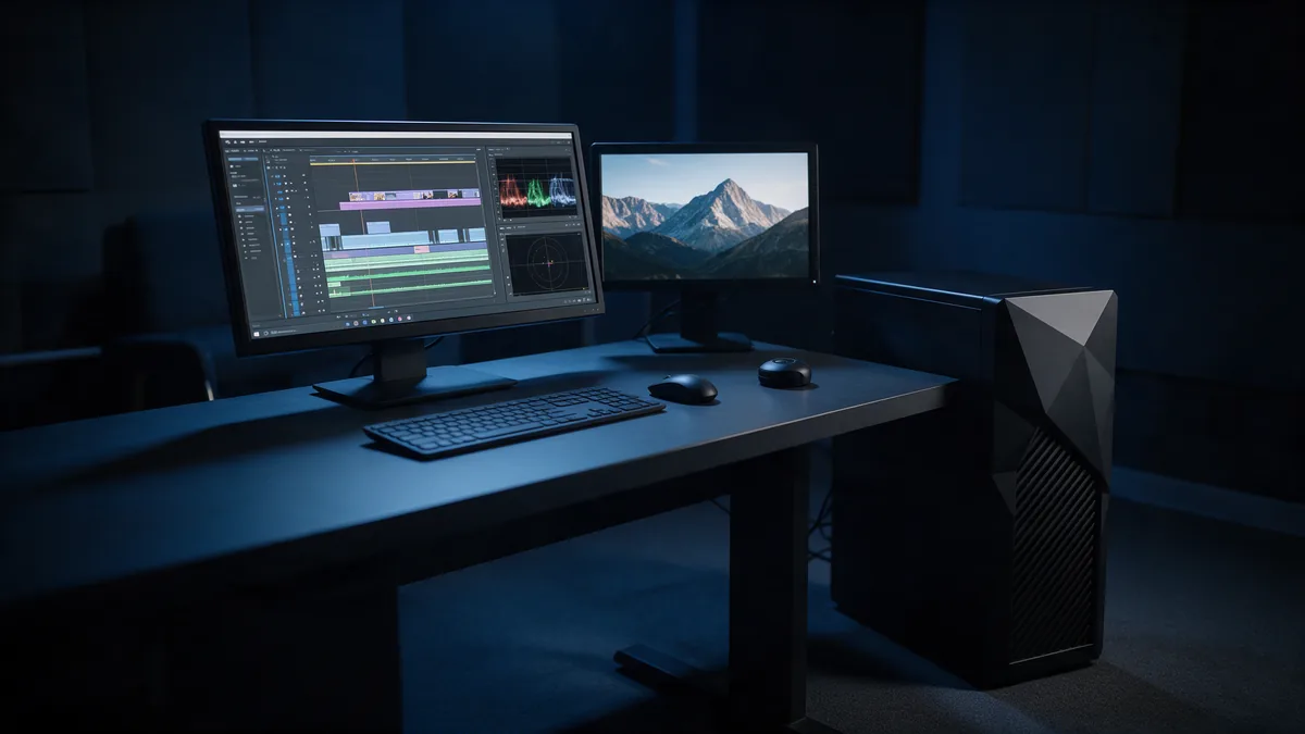 Monitor para edição de vídeo com linha do tempo e segunda tela de referência ao lado da workstation na suíte de edição