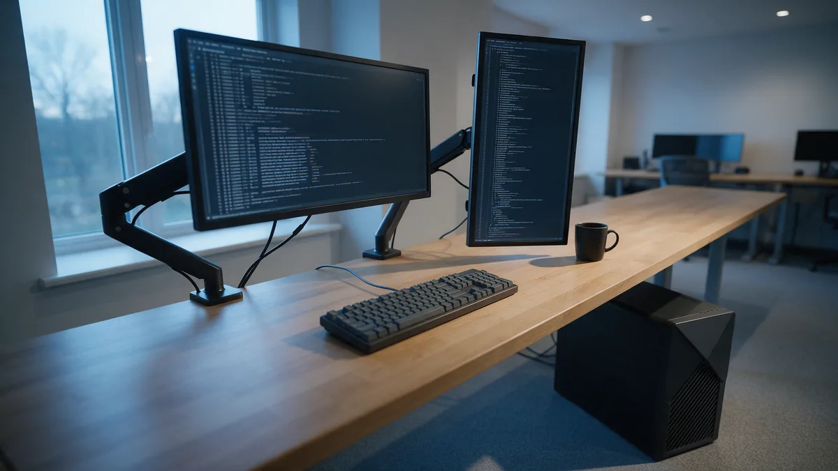 Monitor para programação na horizontal ao lado de uma segunda tela na vertical, com a workstation sob a bancada