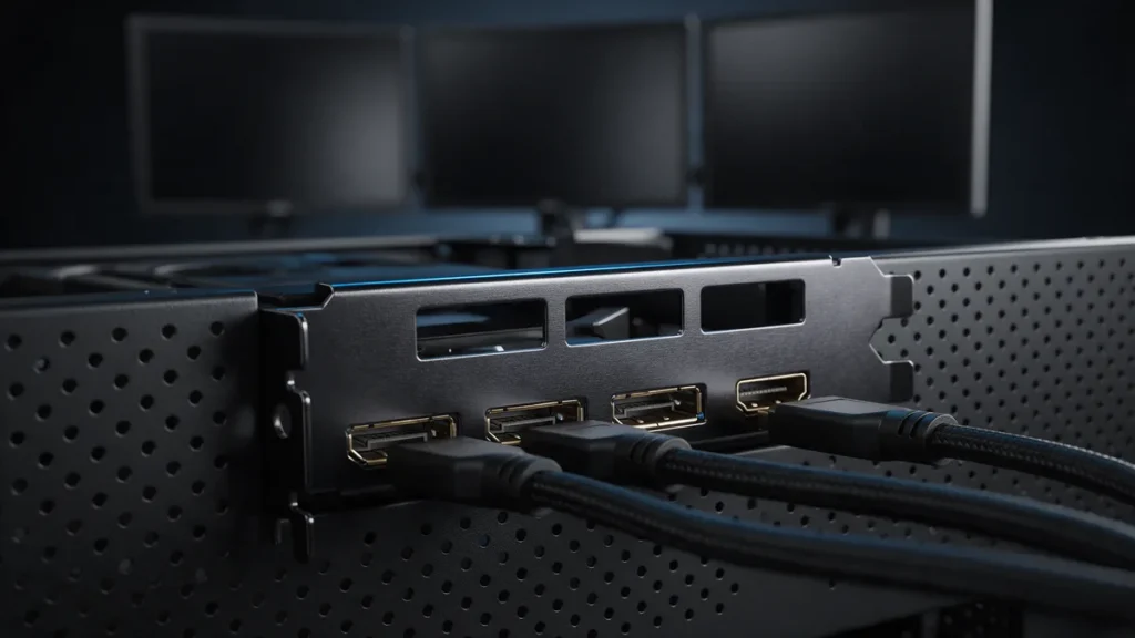Close nas saídas DisplayPort de uma placa de vídeo para 3 monitores com três cabos conectados