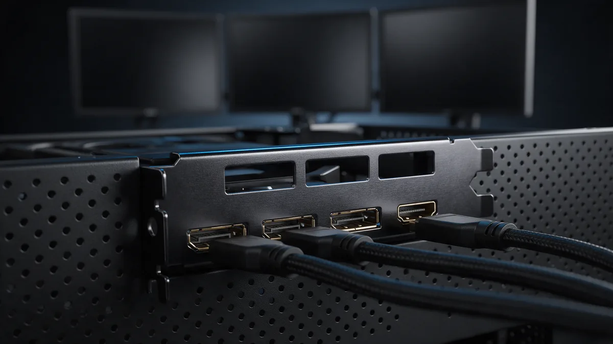 Close nas saídas DisplayPort de uma placa de vídeo para 3 monitores com três cabos conectados