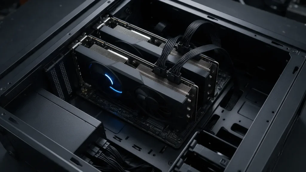 Duas placas de vídeo para IA instaladas lado a lado dentro de um gabinete de workstation aberto