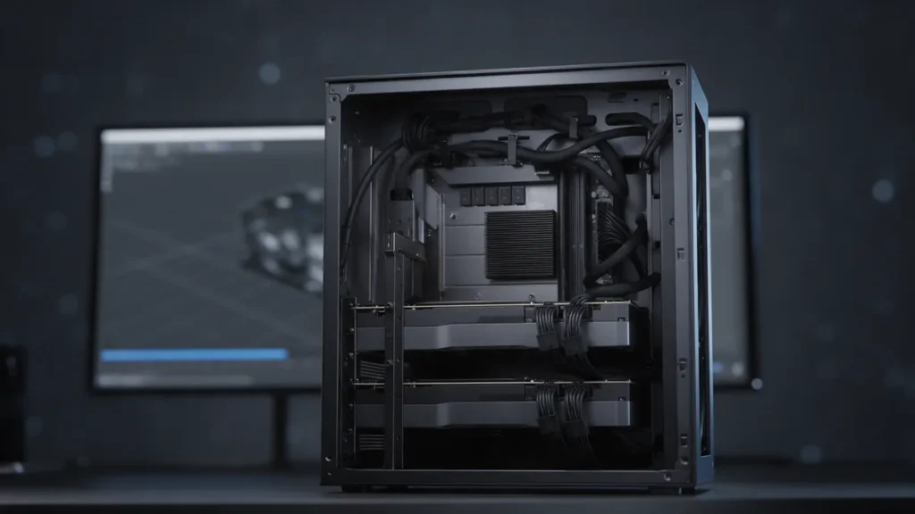 Duas placas de vídeo para renderização em um gabinete aberto, com cena 3D em render no monitor ao fundo