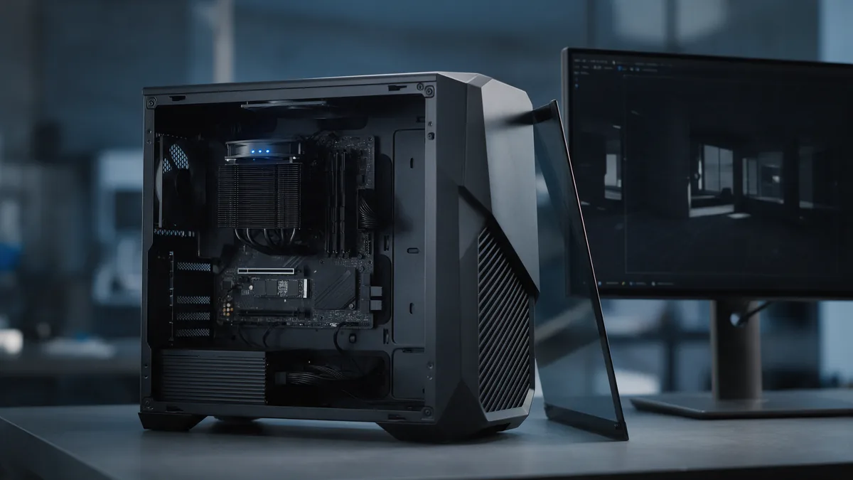 Workstation aberta com cooler, memórias e unidades NVMe ao lado de monitor com cena 3D, ilustrando os requisitos 3ds Max